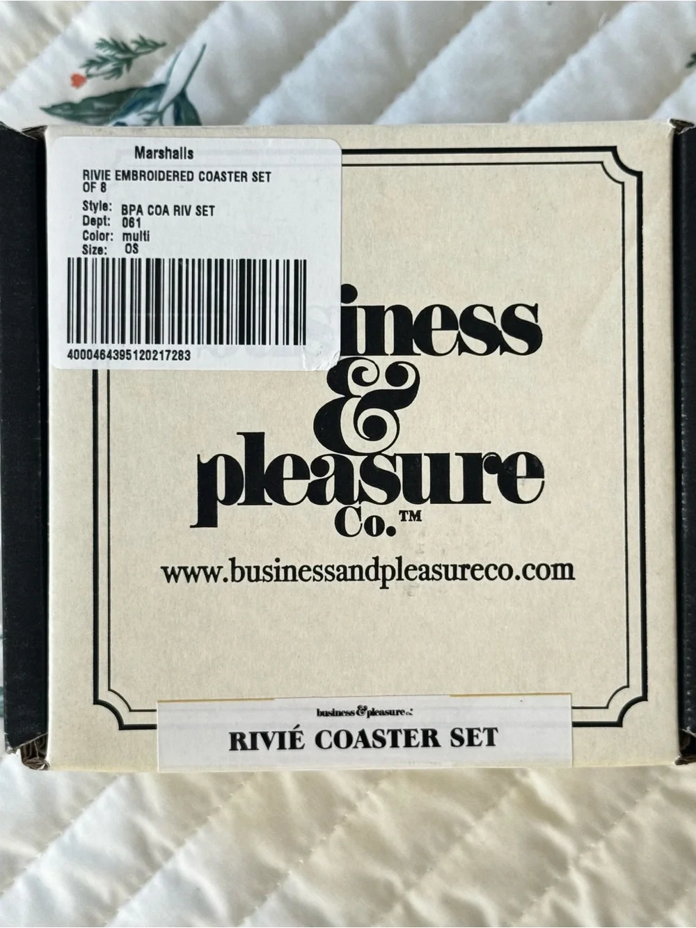 NWT Business & Pleasure Riviera Cotton Embroidered Coasters, Set of 4 & Stand